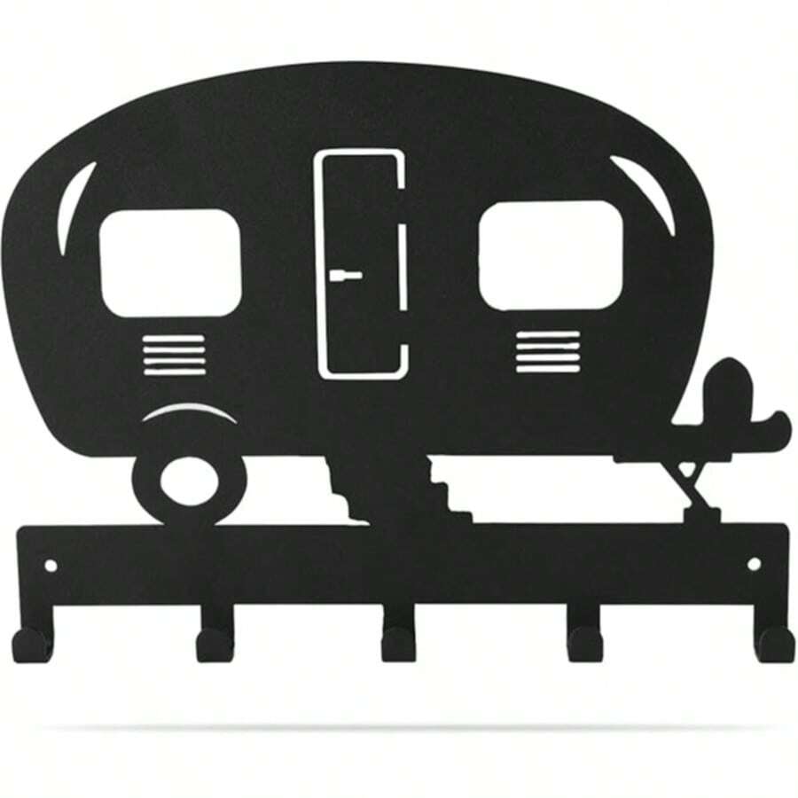 Camper Keychain Holder Wall Mounted - Decorative Black Metal Key Rack With 5 Hooks, Key Hanger Organizer Rack, Ideal For Campers Decor