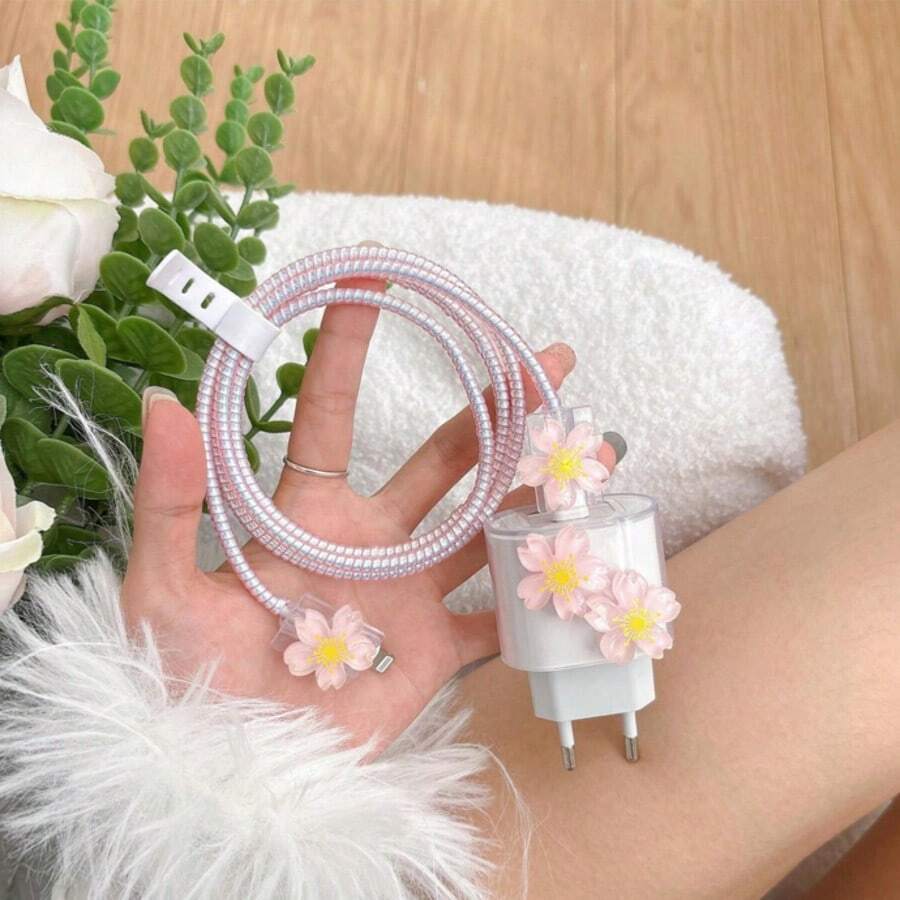 Set de 5 fundas protectoras de cargador de 20W, versión europea, con diseño de flor de cerezo, para proteger tu cable de carga de 13 Pro Max, 11, 12, 13, 14, 15 y 16 Pro Max