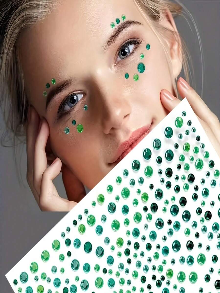 1 Foglio di 325 pezzi di cristalli imitazione sfumati in verde, adatti per trucco rapido, decorazione degli occhi e adesivi per unghie 3D, perfetti come gadget per feste