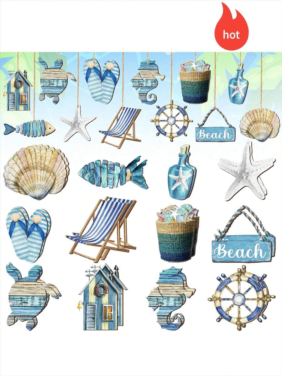 12pcs/24pc/36pc Summer Wooden Decorations, Ocean Beach Tree Decor, Coastal Nautical Shells & Fish Wooden Slices, Summer Wall Hanging Decor, Small Tree Party Decor; Includes Turtles, Starfishes, Seahorses Etc., Complete Set, Vivid Patterns, Vibrant Colors - A Beautiful Decor Set! They Can Be Hung On Walls, Front Doors, Windows, Fireplaces, Etc.; Also Suitable For Beach Parties, To Create A Beautiful Scenery In Your Home!