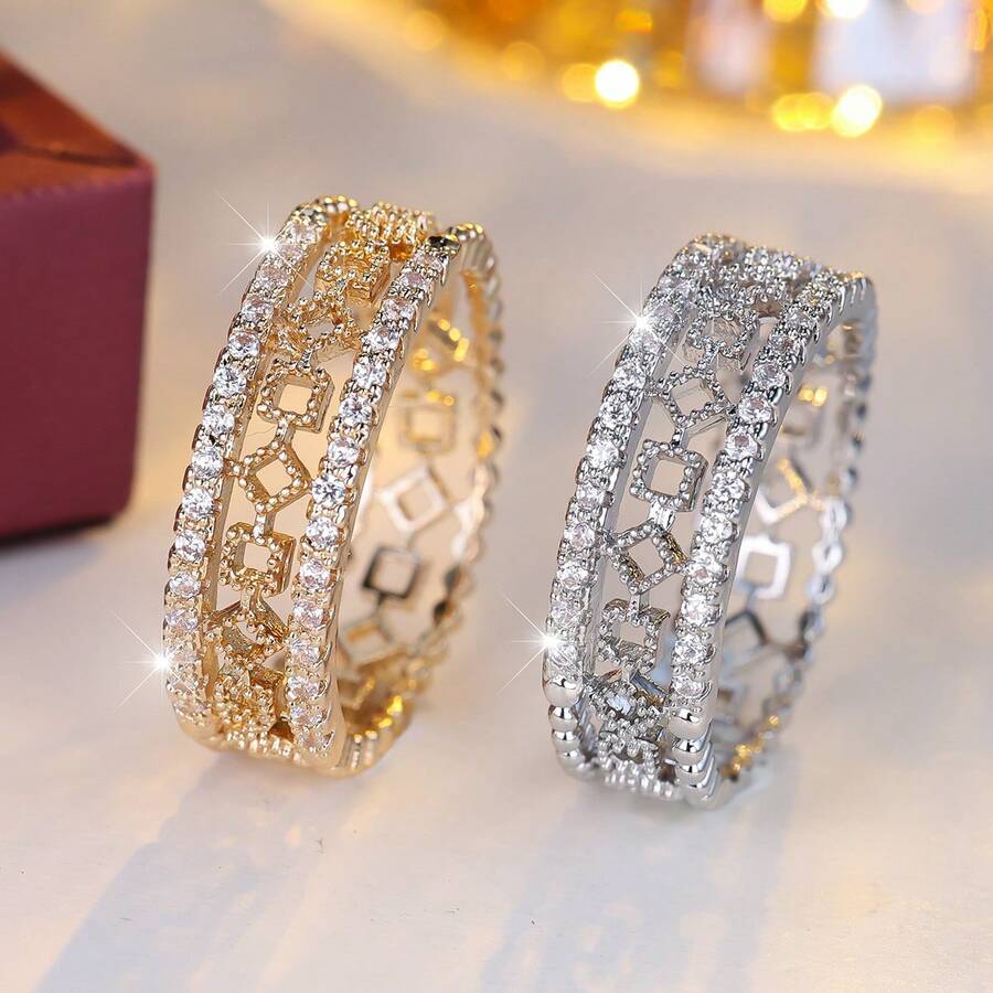 1pc Minimalist Hollow Geometric Design Zirconia Ring, Fashionable Gift For Women