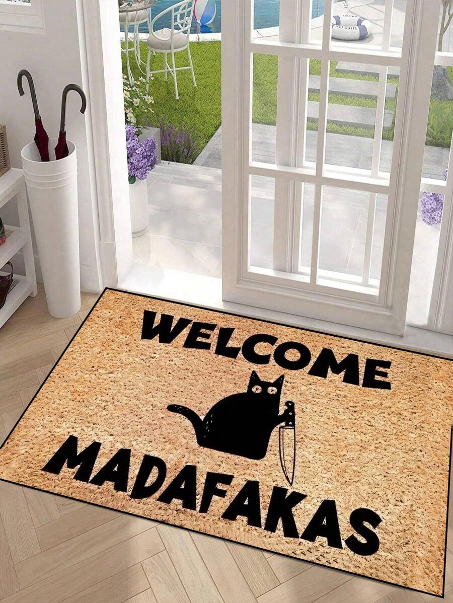 1pc Cat Holding Knife "Welcome" Pattern Doormat, Simple Style Indoor & Outdoor Non-Slip Mat, Machine Washable Anti-Fouling Absorbent Quick-Dry Entrance Mat, Suitable For Kitchen, Dining Room, Hallway, Bathroom, Bedroom, Outdoor, Entryway, Home Decor, Room Decor, All Season Rug Carpet Rugs Door Mat Carpet For Living Room Kitchen Rug Bedroom Decor Blankets And Throws Rugs For Bed Room Bathroom Decor Room Decoration Stuff Living Room Decor Office Decor House Decor Home Decor Living Room Bathroom Rug Room Decor Aesthetic