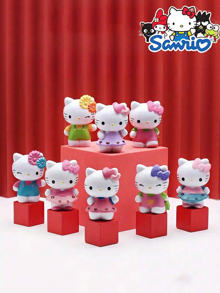 Sanrio 8pcs Sanrio Hello Kitty Cartoon Doll Set, Hello Kitty Cat Animation Peripheral Dolls, Cartoon Toy Dolls Cake Baking Decor, Automotive Model