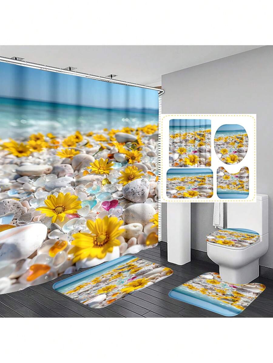1pc/4pcs Ocean & Beach Floral Print Bathroom Curtain Set 12 Hooks, Anti-Slip Bath Mat, U-Shaped Toilet Mat & Round Toilet Cover, Multifunctional Bathroom Set For All Occasions Back To School