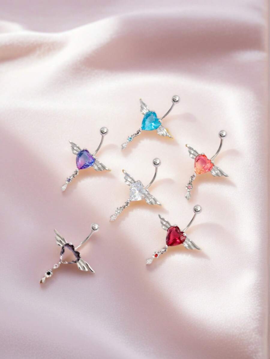 2025 Latest Zinc Alloy Heart-Shaped Angel Wing Pendant Stainless Steel Zirconia Navel Piercing Jewelry, To Match Red Customer