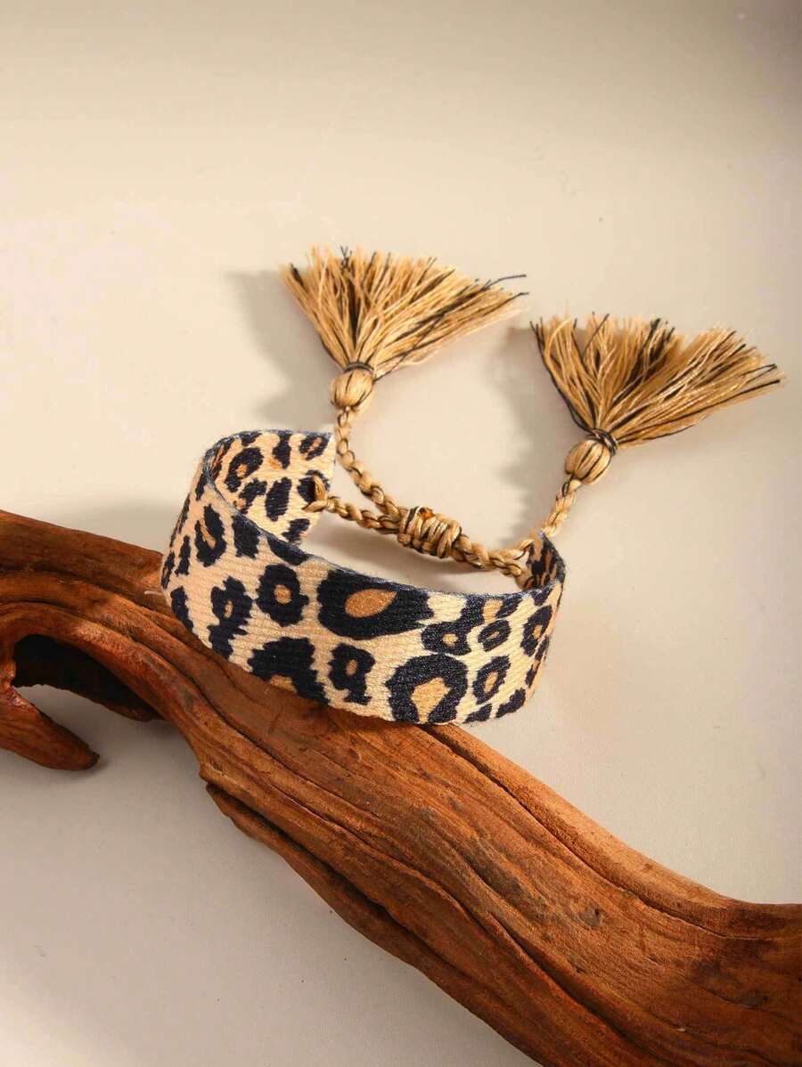 3 Stück/1 Stück bohemische, einfache und modische Leoparden-Muster gewebtes Handband für Frauen, vintage handgewebtes Quasten Handband, geeignet als Geschenk für gute Freunde