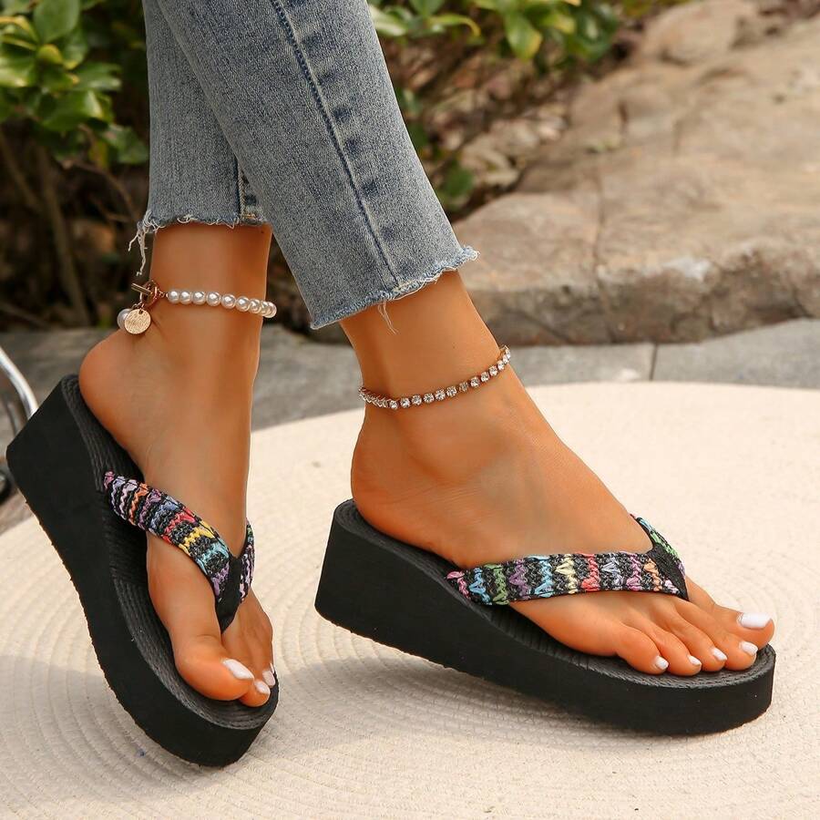 Chanclas de mujer con cuerda, plataforma trenzada de paja con tacón de 5cm de grosor, sandalias de cuña resistentes al desgaste y antideslizantes para vacaciones, playa y verano