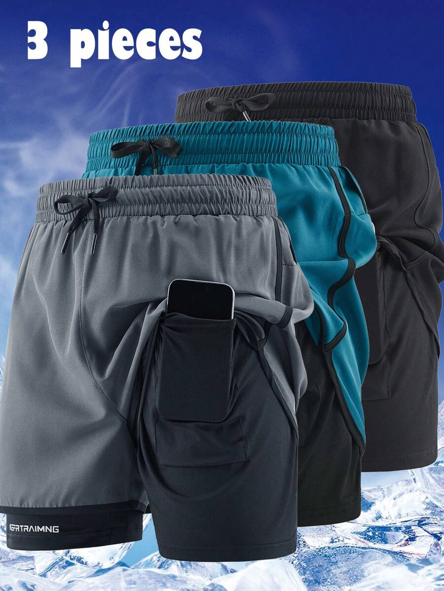 3 piezas Pantalones cortos de verano para hombre para deportes al aire libre, pantalones cortos casuales de cintura elástica transpirables hasta la rodilla