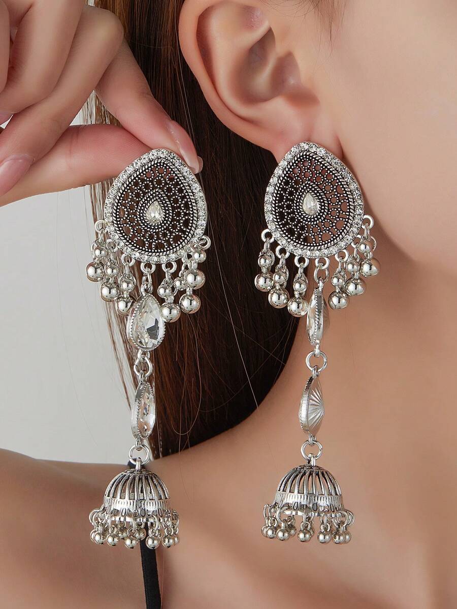 2pcs Bohemian Retro Rhinestone Tassel Earrings, Fashionable Metal Bell Pendant Earrings For Women