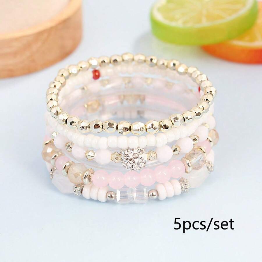 Conjunto de 5 pulseiras estilo boho, contas de vidro geométricas e miçangas, joias empilháveis multicamadas, acessório de moda para festa