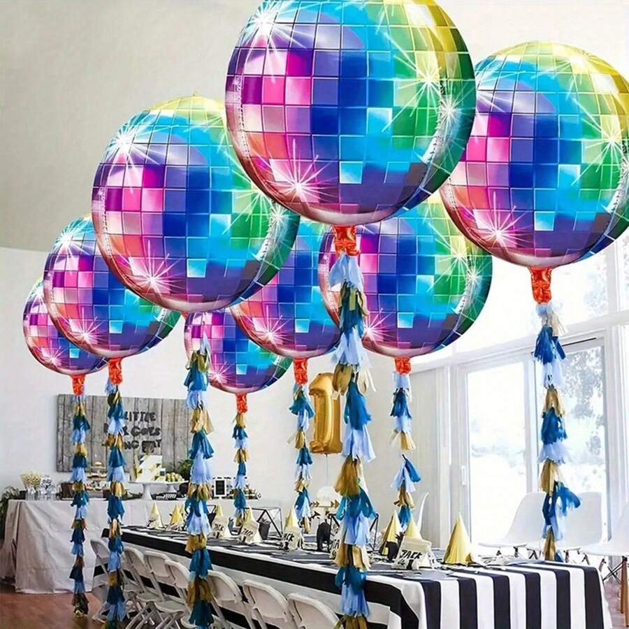 6pcs 22 Inch Colorful/Gold/Silver Disco Ball Balloons, 22 Inch 4D Round Foil Balloons For Birthday, Wedding, Graduation, Disco Dance Theme Party Decorations 70s 80s 90s
