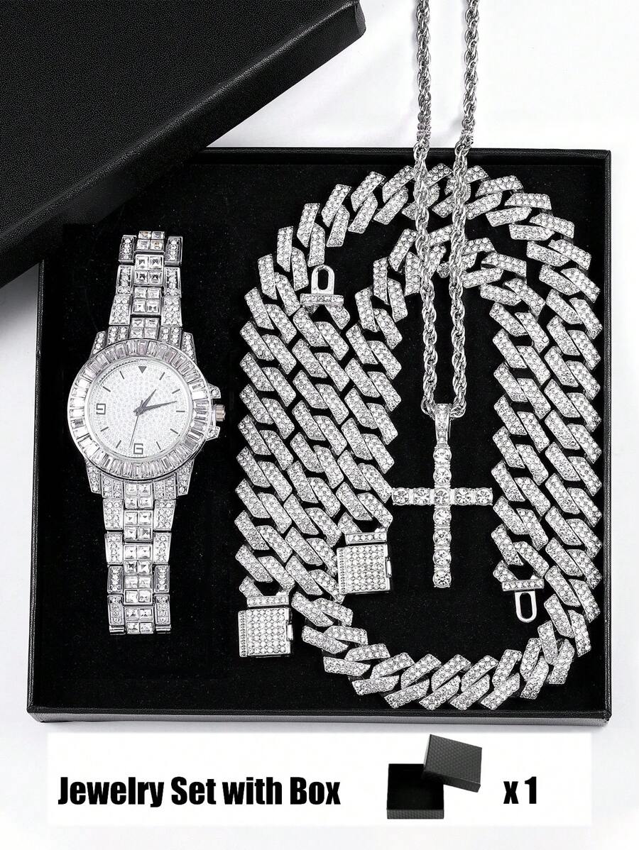 Set de joyería de 5 piezas que incluye reloj de estilo hip hop, collar con colgante de cruz, pulsera - Cadena cubana de Miami con efecto de cristales para hombres y mujeres