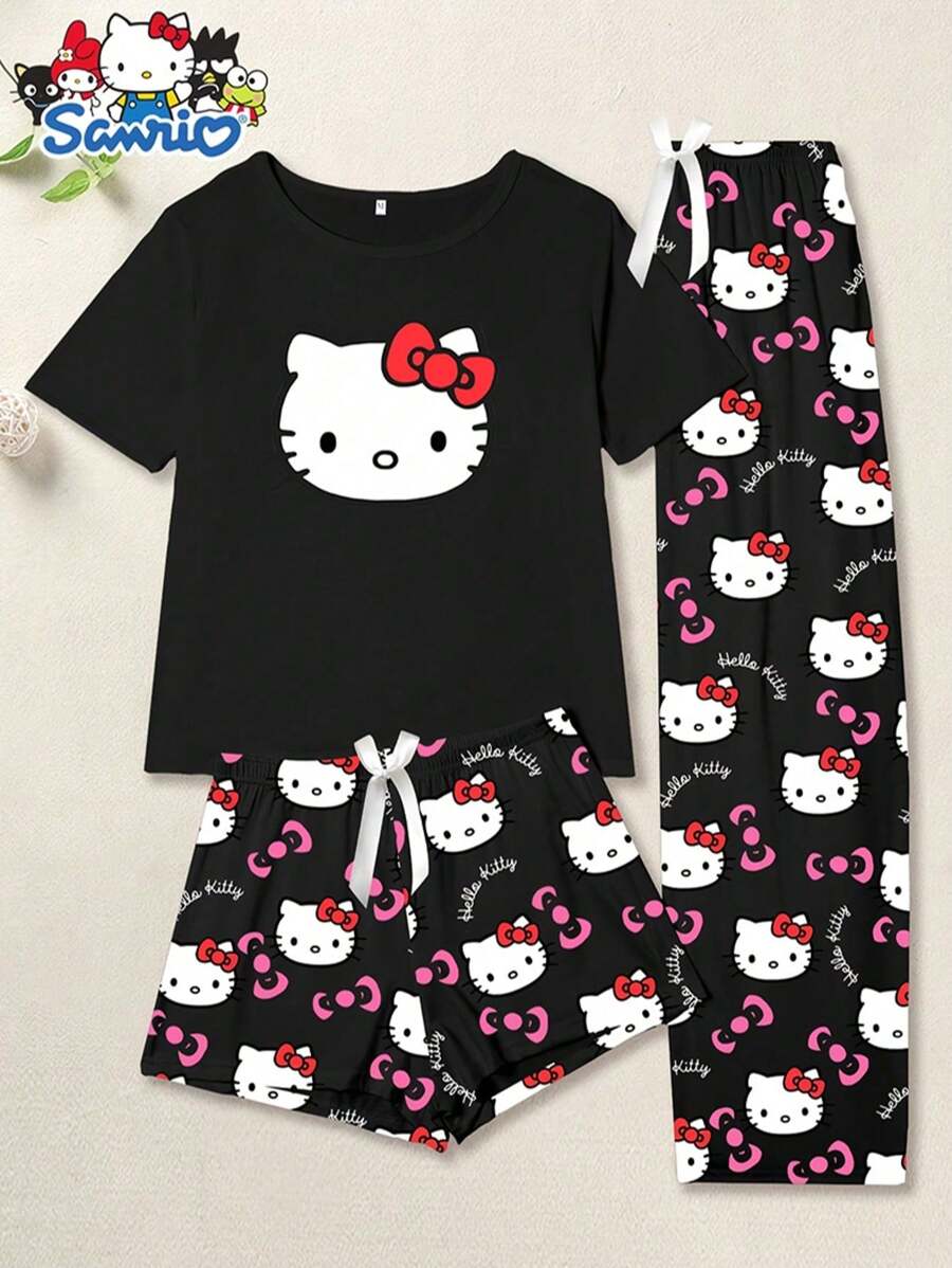 Sanrio Sanrio 3pcs Cartoon Sleepwear Sets, Hello Kitty - Young Casual - Women Casual Bow Pajamas, Top, Long Pants, Short Pants
