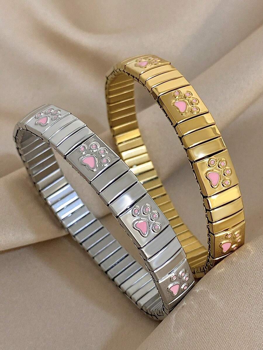 1 pieza Pulsera de reloj elástica con Charm de huella de gato elegante y lindo, chapada en oro de 18K de acero inoxidable, regalo del Día de la Madre, regalo para maestros, regalo de graduación, joyería bohemia, accesorios de playa, para fiesta diaria, viaje, rave/baile de graduación, joyería dorada