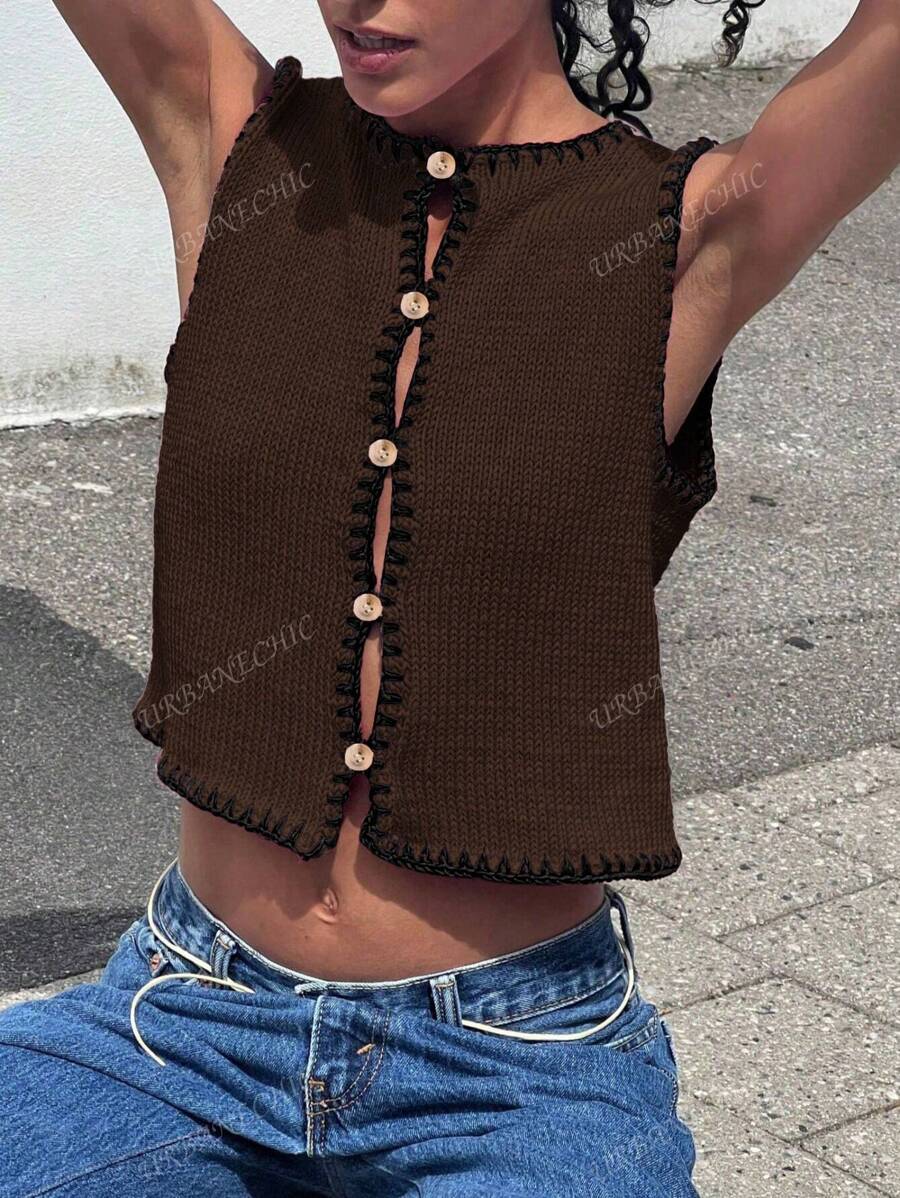 Women's Spring/Summer Women Lightweight Cardigans Tops Casual Color Contrast Bordered Sleeveless Cardigan Knitted Vest,Y2K,Daily, Commuting, Shopping, Beach, Leisure And Simple/Fall Women Clothes/Y2k Tops Y2k/Streetwear/Punk