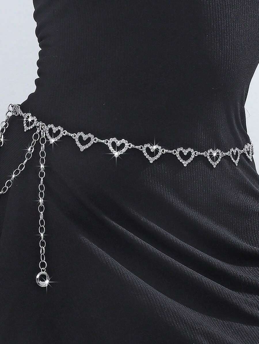 1pc Fashion Heart Rhinestone Decorated Metal Woven Waist Belt, Suitable For Ladies Casual Dresses In Summer