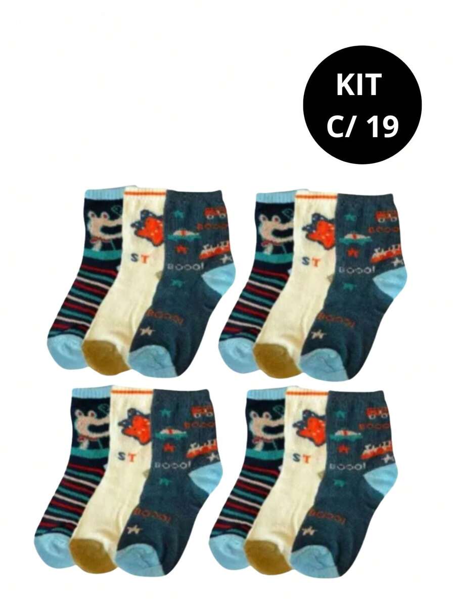Kit With 19 Pairs Of Wholesale Children's And Youth Boys' Socks In Various Colors