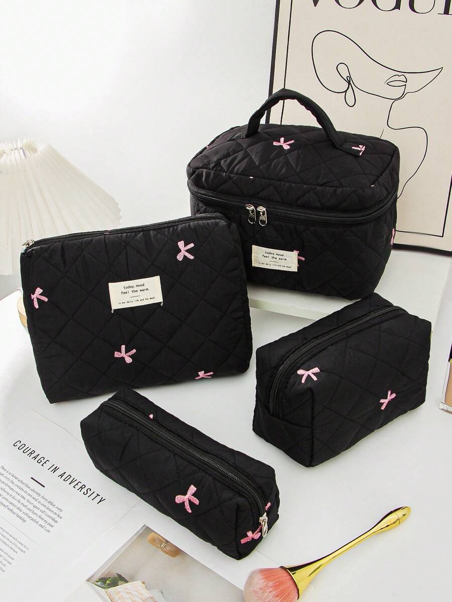1 Piece Women's Bow Embroidered And Quilted Makeup Bag Sets Travel Cosmetic Bag With Handle Tampon Storage Bag Sanitary Pad Pouch Large Capacity Cosmetic Bag, Lightweight Fluffy Filling Toiletries Bag Mini Travel Makeup Case Pouch For Travel Storage,Daily Use. For School Cosmetic Bag Back To School Supplies Cosmetic Storage School Stuff Bag Organizer Room Stuff