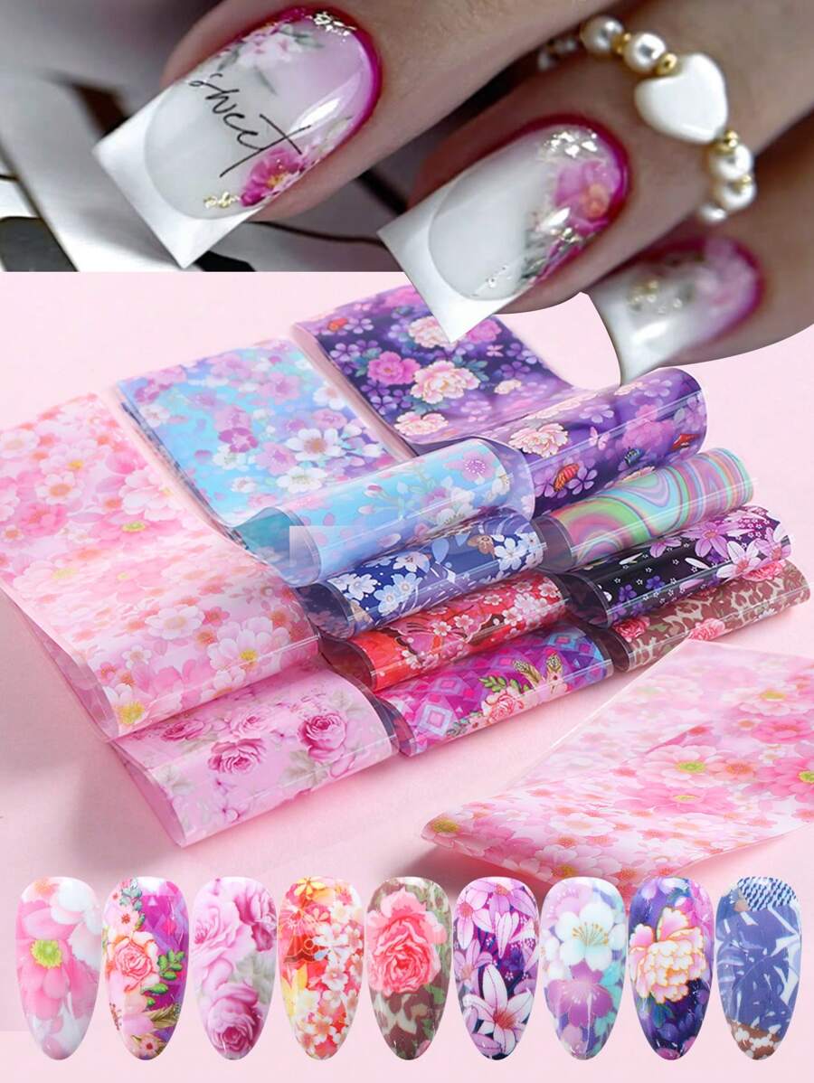 10 PÇS Adesivos de Folhas para Unhas Florais e Românticos, Designs de Lírio, Flor de Cerejeira, Folhas Rosa, Decalques para Unhas, Papel de Estrelas para Decoração de Unhas Acrílicas, Manicure, Suprimentos DIY para Unhas