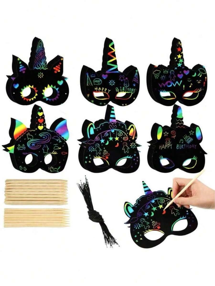 1/6/12pcs Unicorn Scratch Mask, 6 Styles Rainbow Unicorn Scratch DIY Mask Party Favor, Unicorn Themed Birthday Party Decor Craft Set With Wooden Stylus And Elastic Band, Valentine's Day Party Gift