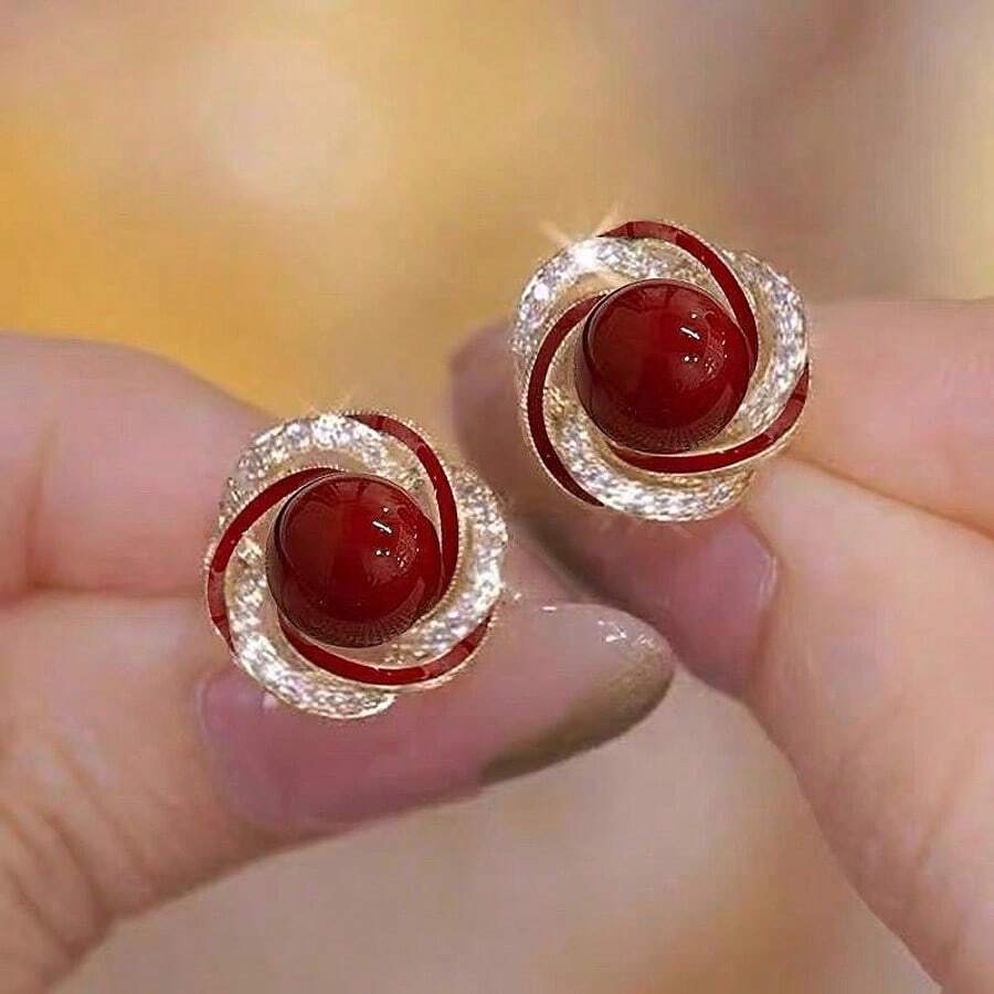 1 Pair Korean Minimalist Style Red Pearl Stud Earrings For Women, Sweet And Elegant With Rhinestone Decor