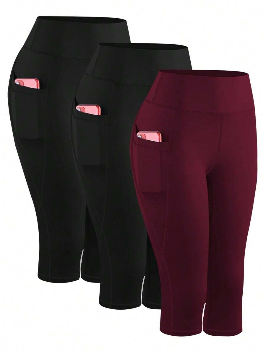 3pcs/Set Pocket Decorated Form-Fitting Plus Size Printed High Waist Slimming Yoga Pants, Tight Fit Sports Cropped Leggings