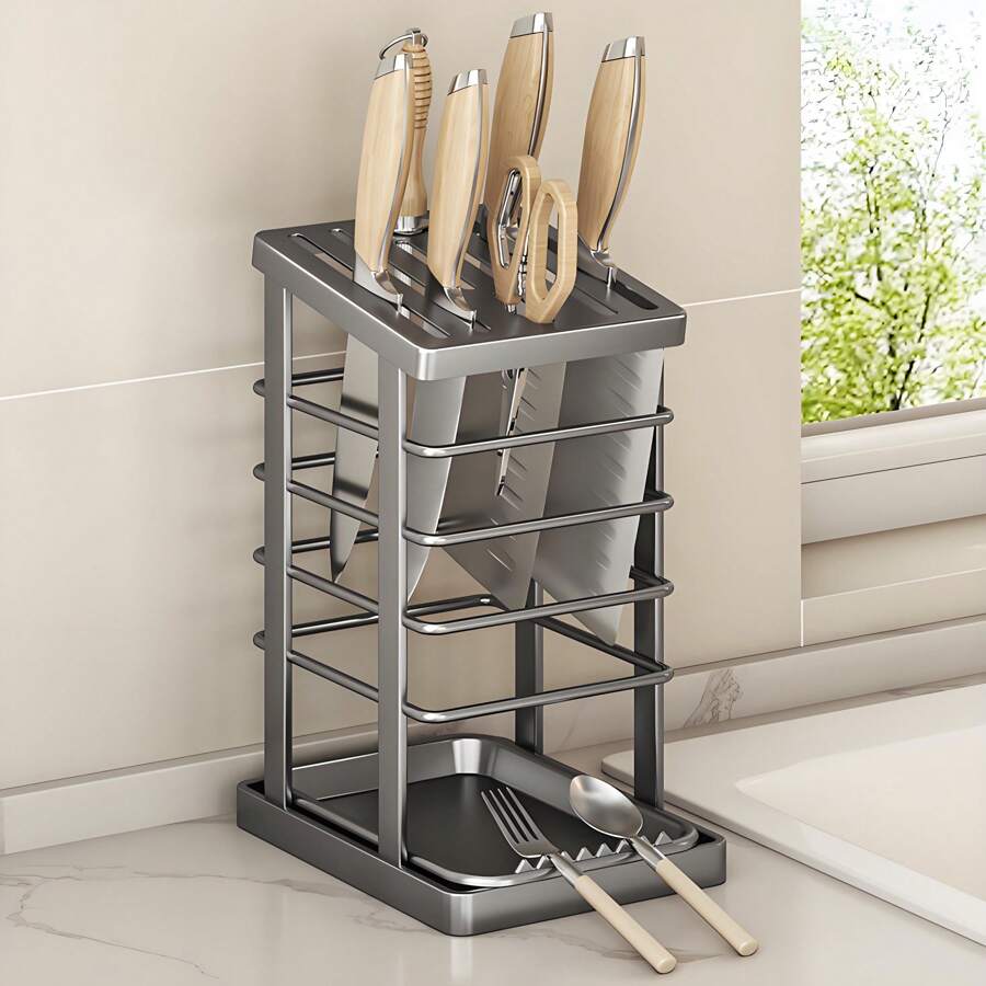 Stainless Steel Knife Holder - Kitchen Countertop Organizer With Drain Tray, Space-Saving Cutlery Storage