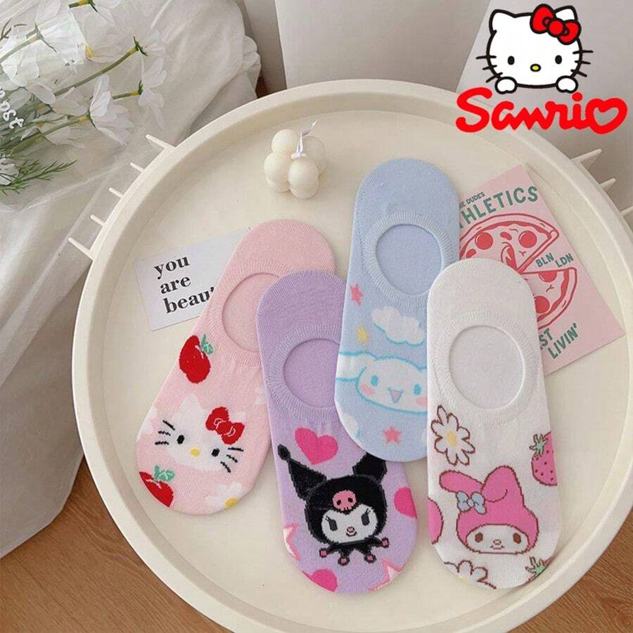 Sanrio 4Pairs Sanrio Melody Invisible Socks For Women No Show Socks, Summer Breathable Ankle Socks- Japanese Style Summer Socks With Non-Slip Grips | Breathable & Moisture-Wicking |