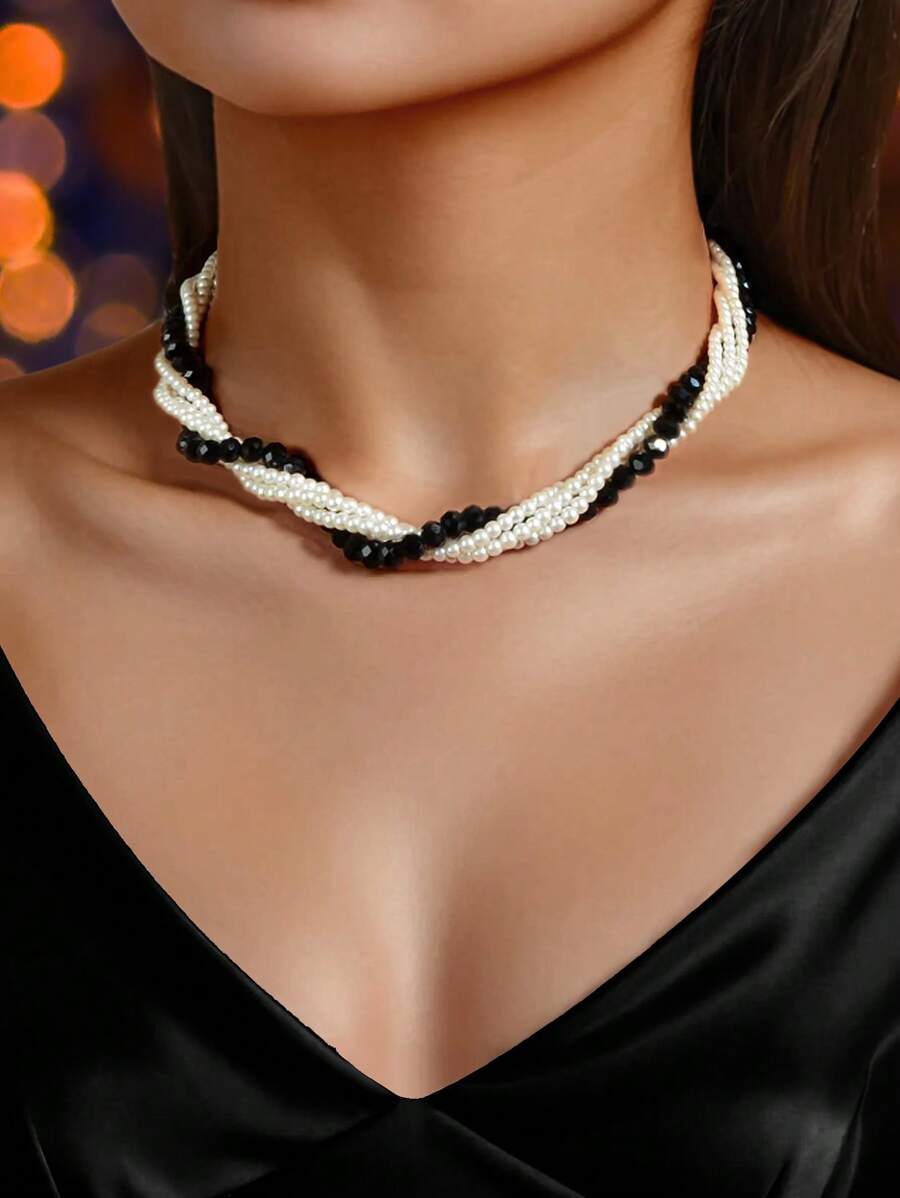 1 Pc Elegant Faux Pearl White And Black Beads Winding Collar Necklace Wedding Party Bridal Jewelry Accessories