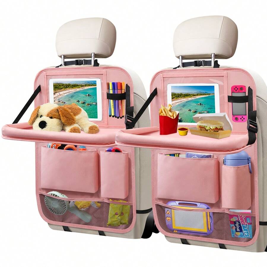 2pcs Durable Polyester Car Seat Organizer With Dining Table Tray - Fits Most Vehicles, Ideal For Snacks & Toys Storage