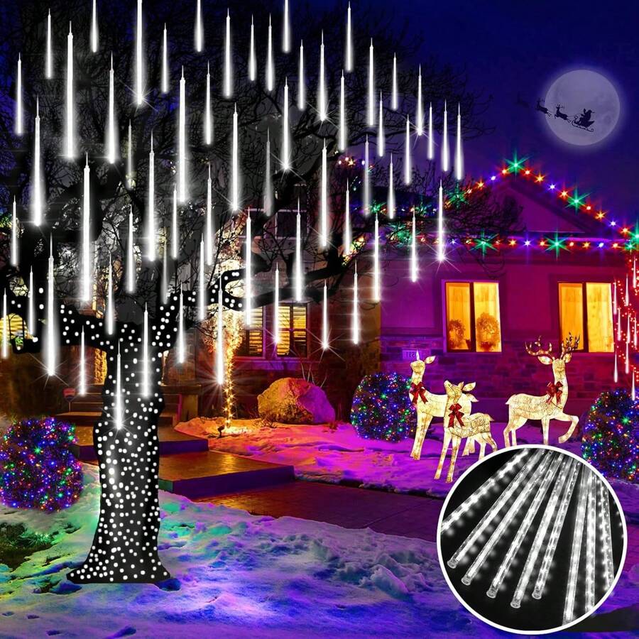 8pcs Meteor Tube LED String Lights, 30cm & 50cm Options, Warm White, White, Color, Blue For Outdoor Decoration, Suitable For Christmas Tree, Holiday, Garden, Patio, Porch