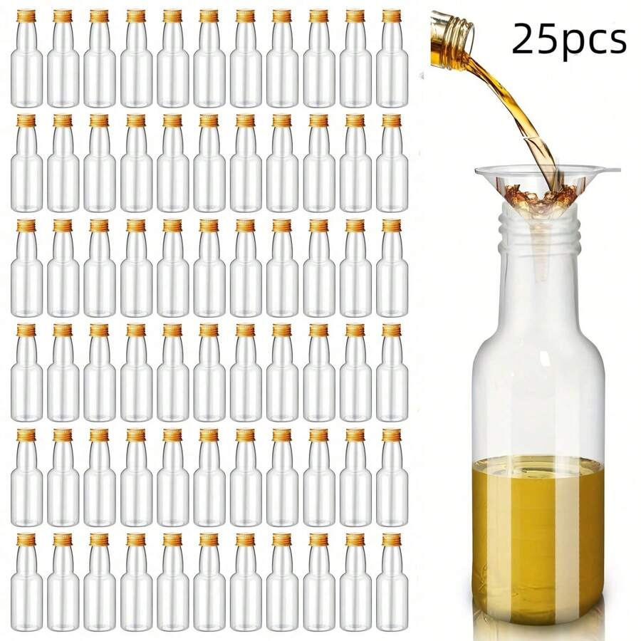 Paquete de 25, Mini botellas de licor, 0.83oz 1.7oz 3.3oz Botellas pequeñas vacías de plástico con tapas de rosca, botellas para shots, envases para bebidas, botellas de vino reutilizables, botellas de espíritu vacías, botellas de jugo, botellas de alcohol, botellas de salsa para bodas, fiestas, suministros para fiestas de Navidad, accesorios portátiles de almacenamiento