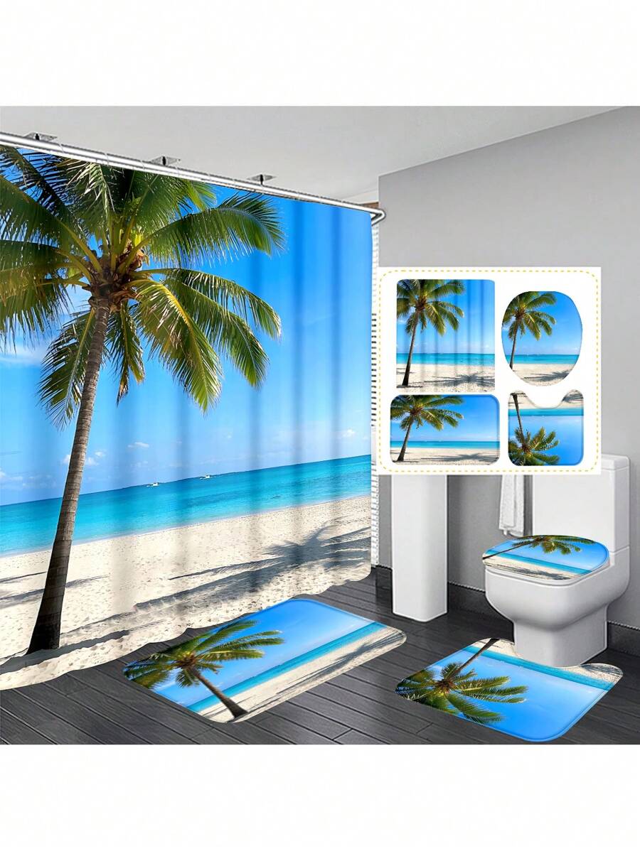 1pc/4pcs Tropical Seaside Beach Coconut Tree Printed Multifunctional Bathroom Decor Set, Includes Shower Curtain 12 Hooks, Anti-Slip Mat, U-Shaped Mat & Round Toilet Cover, For Whole Bathroom Back To School