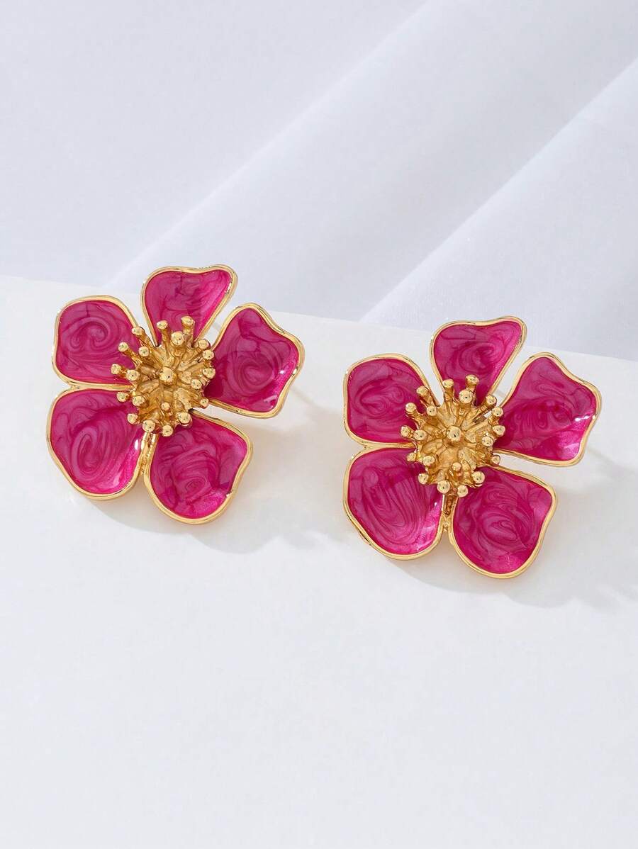 1 Pair Handpainted Enamel Gold Flower Metal Earrings, Suitable As Daily, Birthday, Mother's Day, Girlfriend Or Daughter Gift