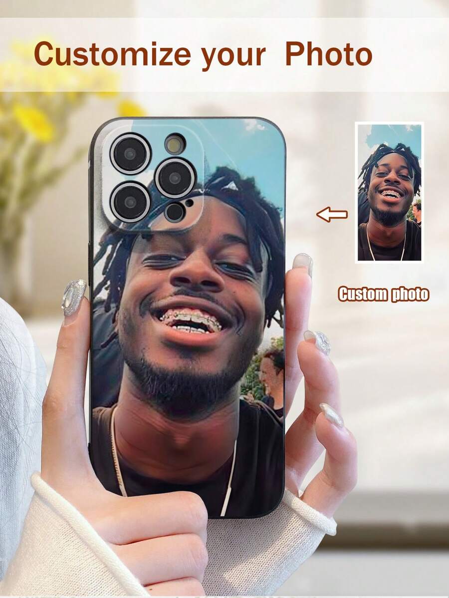 1pc Black TPU Customizable Printed Protective Phone Case, Compatible With IPhone/Android Phones, Such As , Galaxy, OPPO, With Lanyard/Wrist Strap, Shock-Absorbent And Interesting Design