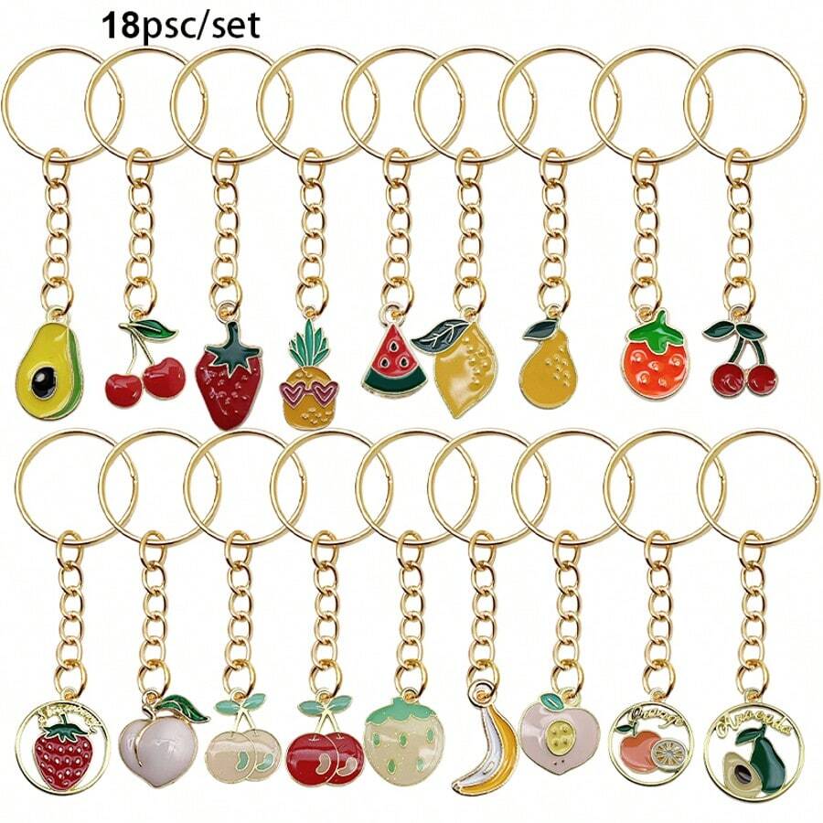 18 pièces/set porte-clés avec fruits dessin animé, fraise, cerise, banane, pomme, avocat, poire, ananas, pastèque, pamplemousse, accessoires de bijouterie, gouttes d'huile en métal, cadeau de fête des mères, accessoires de voiture, charm de sac à dos pour école, fruits