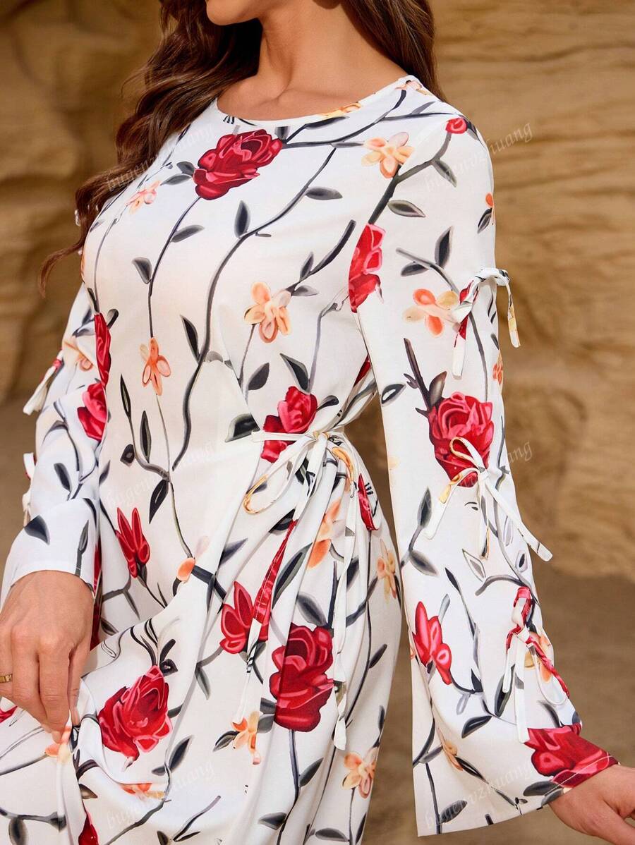 Women's Floral Print Long Sleeve Maxi Dress - Elegant Casual Wrap Dress With Belted Waist For Spring Summer Vacation & Daily Wear,Dresses Classy Elegant,Modest