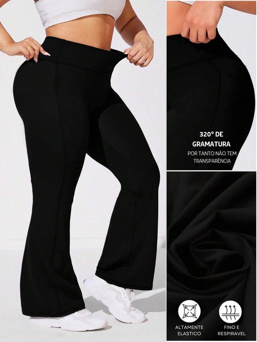 Calça Flare Bailarina Plus Size Tecido Grosso Cós Alto Em Suplex Poliéster Conforto Com Wolfox SHEIN Moda Fitnes