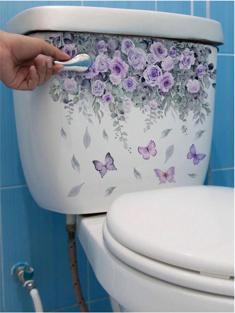 1pc Pink Flowers Green Plants And Blue Flowers Butterfly Bathroom Toilet Sticker Self-Adhesive, Removable Vinyl Waterproof Sticker, Bathroom Toilet Decorative Sticker, Toilet Lid Sticker, Bathroom Decoration Removable Sticker, Self-Adhesive Decal, Home Decor, Holiday Decorative Sticker, Birthday Graduation Gift Summer
