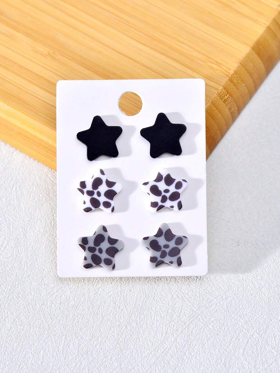 3 Pairs Acrylic Star & Heart Pattern Stud Earrings, Fashionable Jewelry For Women
