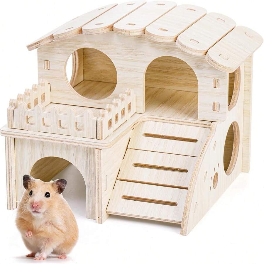 1 pieza Casa de madera para hámsteres, laberinto refugio para hámster, casa con tobogán divertido para hámster con ventana, choza desmontable de dos pisos para hámster, ratón enano, ratón, animales pequeños