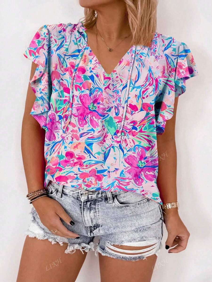 Women's Floral Print V-Neck Ruffle Trim Short Sleeve T-Shirt, Fashionable Pullover Top For Summer