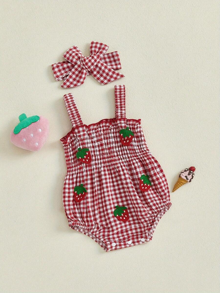 Baby Girl Strawberry Outfit Plaid Smocked Sleeveless Overall Romper Te-Up Headband Cute Summer Clothes 2Pcs Set