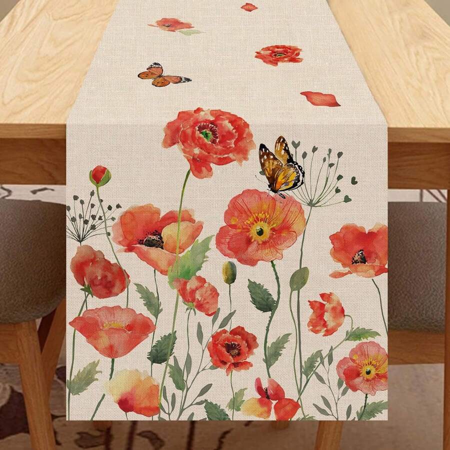 Spring Poppy Floral Tablecloth, Watercolor Patriotic Botanical Butterfly Home Kitchen Plant Decor, Memorial Day Summer Seasonal Farmhouse Restaurant Anniversary Decor