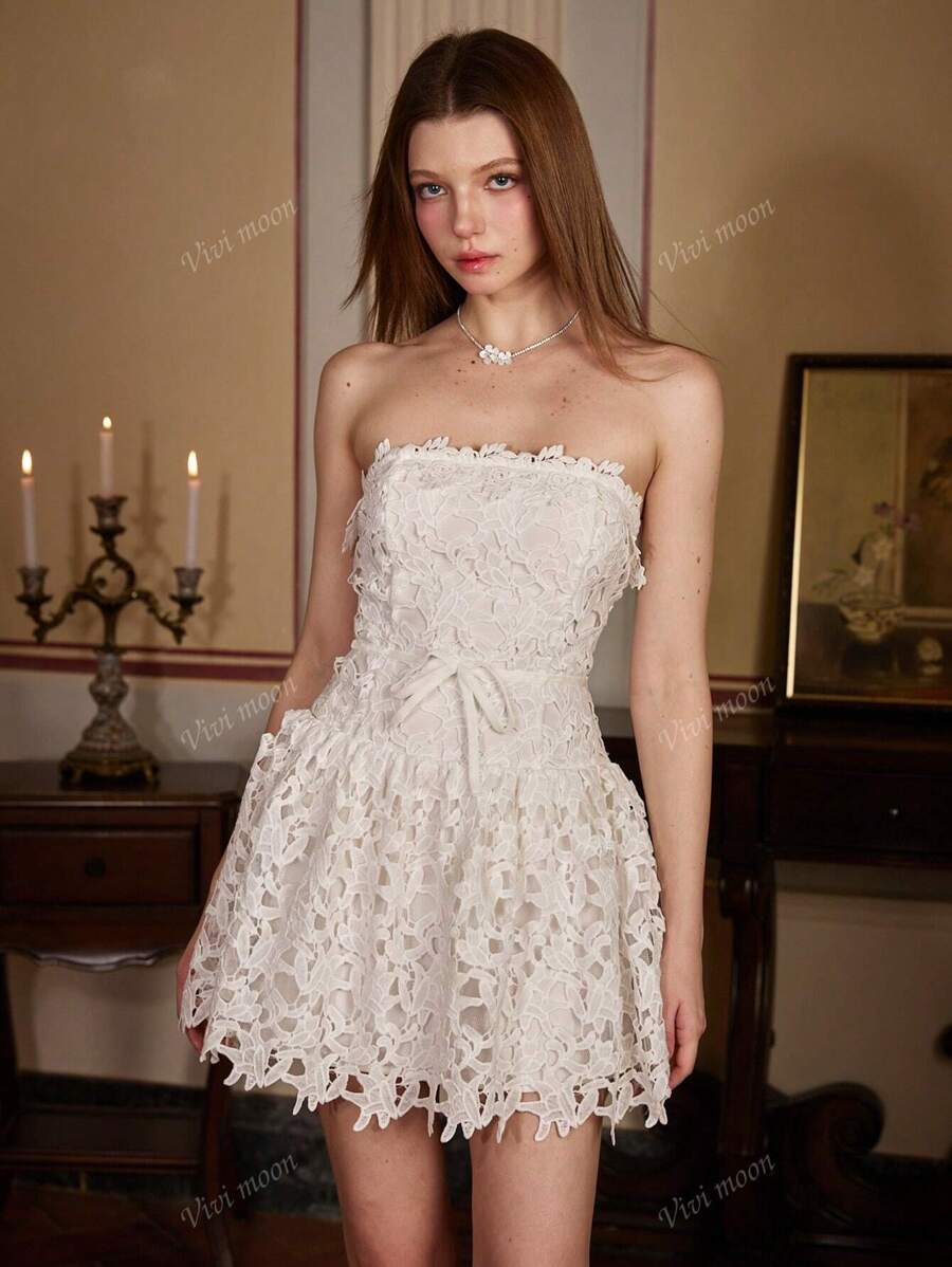 Abito mini elegante da donna con zip davanti, senza maniche, adatto come regalo per addio al nubilato, abito da invitata a matrimonio, abito per festa di laurea, abito da donna sexy in pizzo traforato, senza spalline, per cocktail