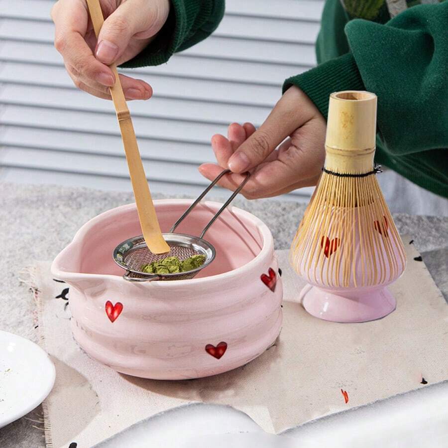 5pcs Matcha Whisk Set, Cute Pink Heart/Cherry Blossoms Ceramic Matcha Bowl With Whisk Set, Japanese Tea Set Includes Matcha Bowl With Spout, Matcha Whisk Holder, Bamboo Matcha Whisk, Scoop, Sifter, Ceramic Matcha Kit For Tea Lovers