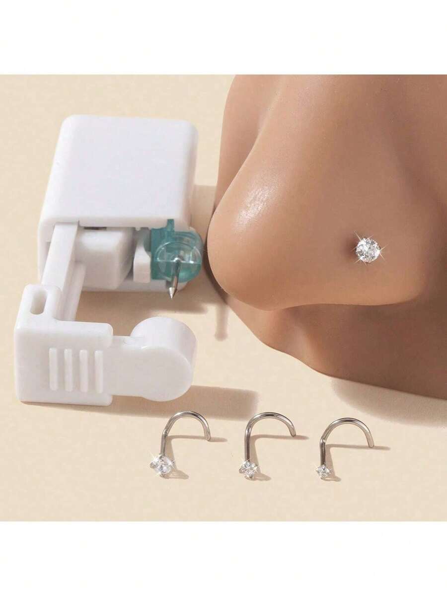 1/4pcs Fashion Chic Simple 316L Stainless Steel Cubic Zirconia Round Nose Rings, Versatile Disposable Body Piercing Jewelry Nose Stud, Suitable For Women's Daily Wear Gift