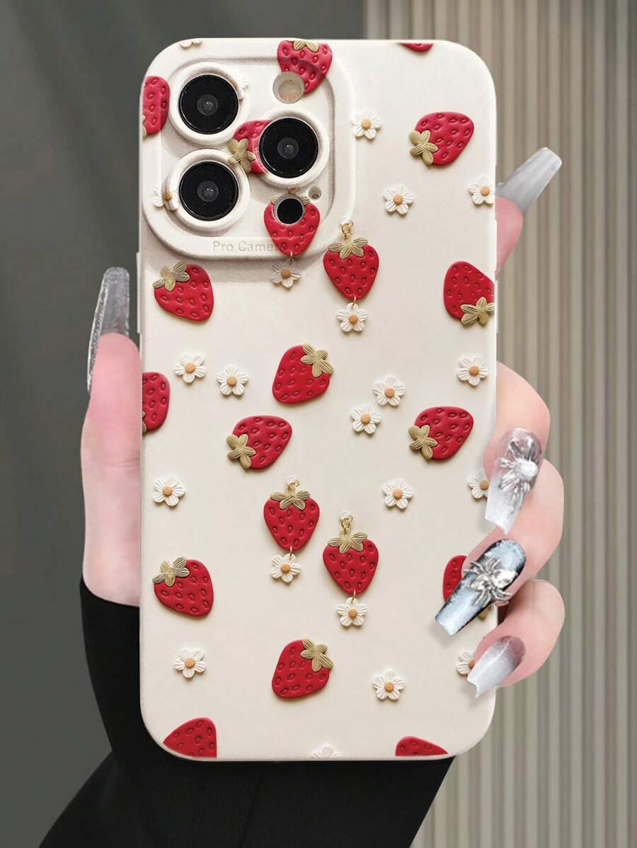 Capa protetora de celular reforçada e anti-queda, com estampa bege de uma menina fofa e morango, adequada para dispositivos 16/13 Pro Max, XR, 15, 7/8, 15 Pro Max, 12 Pro Max, 13 Pro Max, 14 Pro Max, 13, 14, 11, 12, P14, P11, P12, XS, XR, 7/8 Plus, Redmi