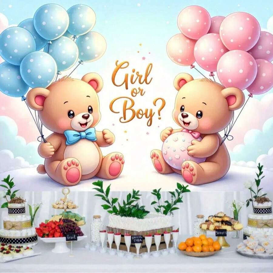 1 Piece, Background Gender Revealing Wall Decoration Banner, Party Banner With Pink And Blue Teddy Bears, Balloons, And Sparkling Cloud Design, Used For Photo Booth Background And Indoor/Outdoor Event Party Supplies Decoration