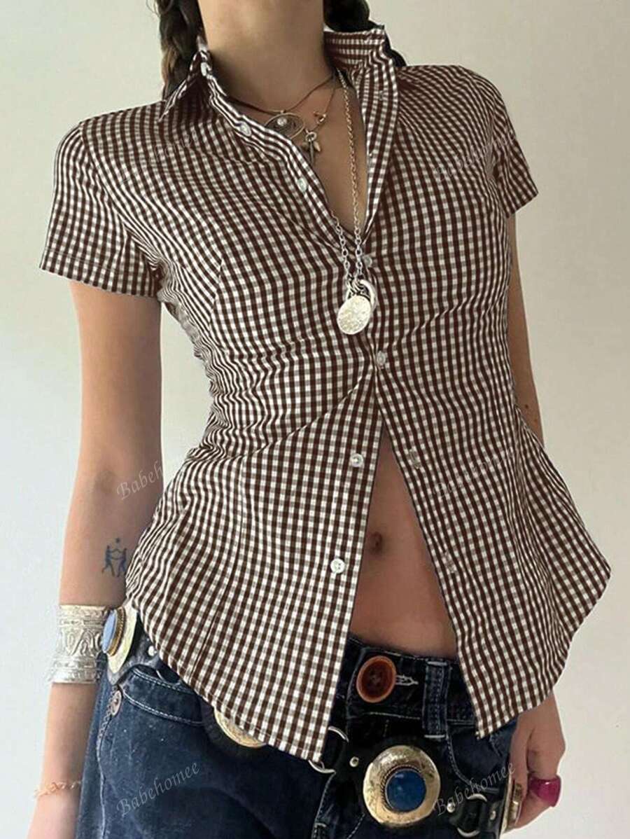 BabeHome Autumn Women's Y2K Back To School Slim Lapel Short-Sleeved Button Design Khaki Academy Shirt Top